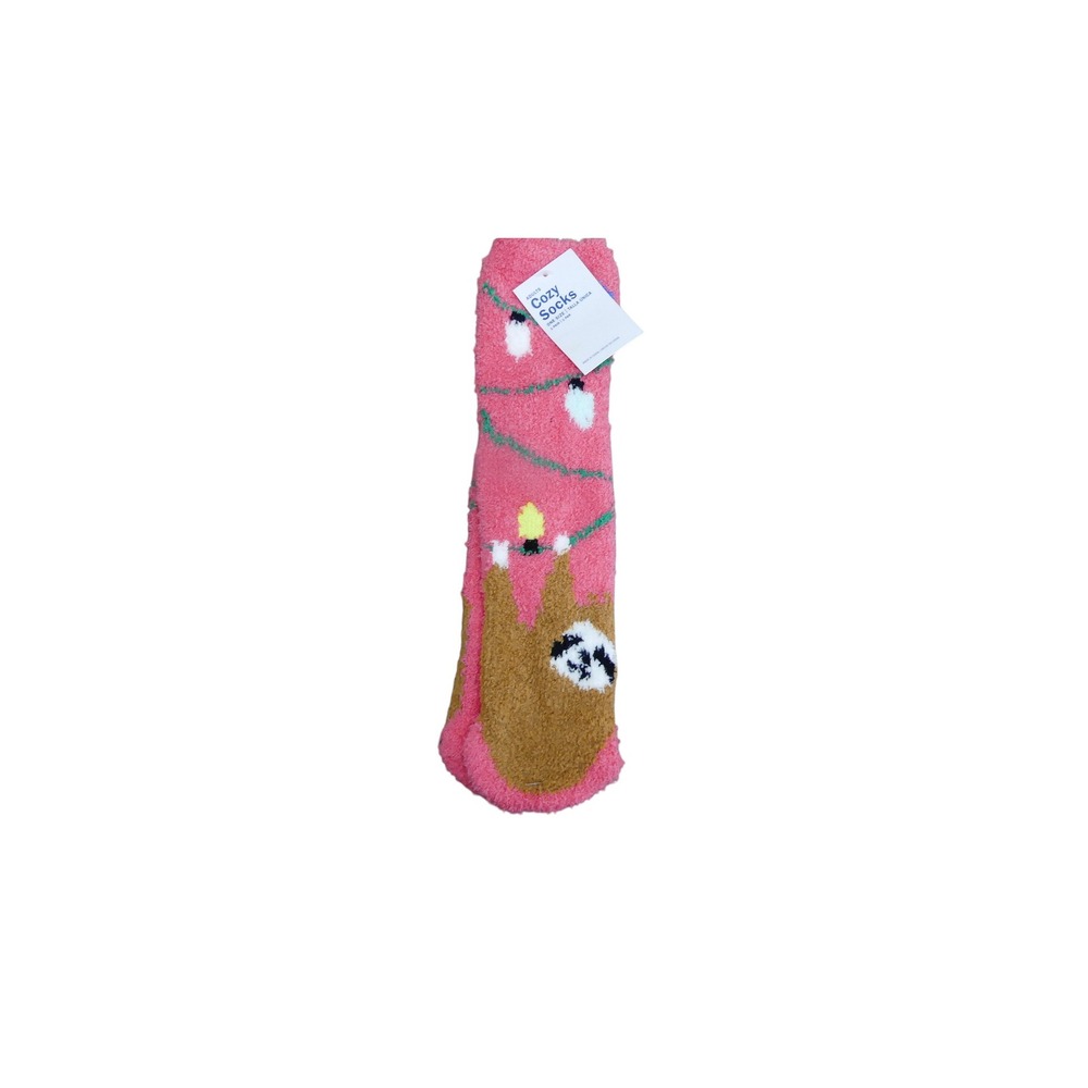 Old Navy Cozy Socks Adults One Size Pink New Sloth Holiday Lights Fuzzy Crew